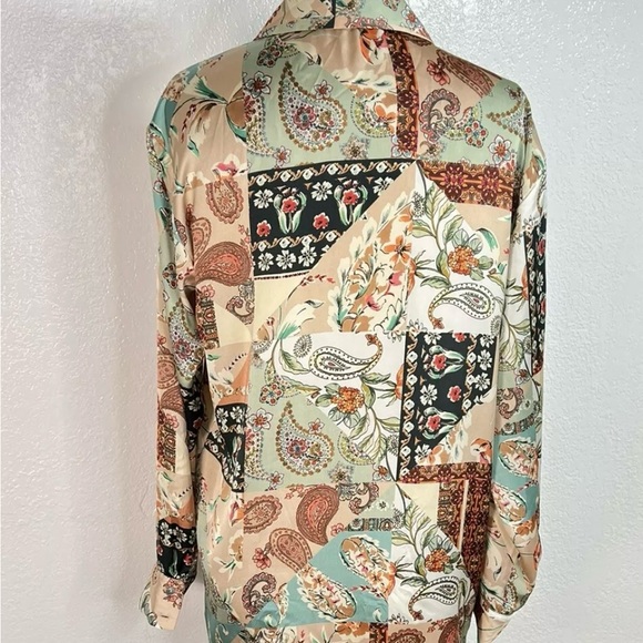 New Zara neutral satin effect paisley boho button down shirt S - Picture 4 of 7
